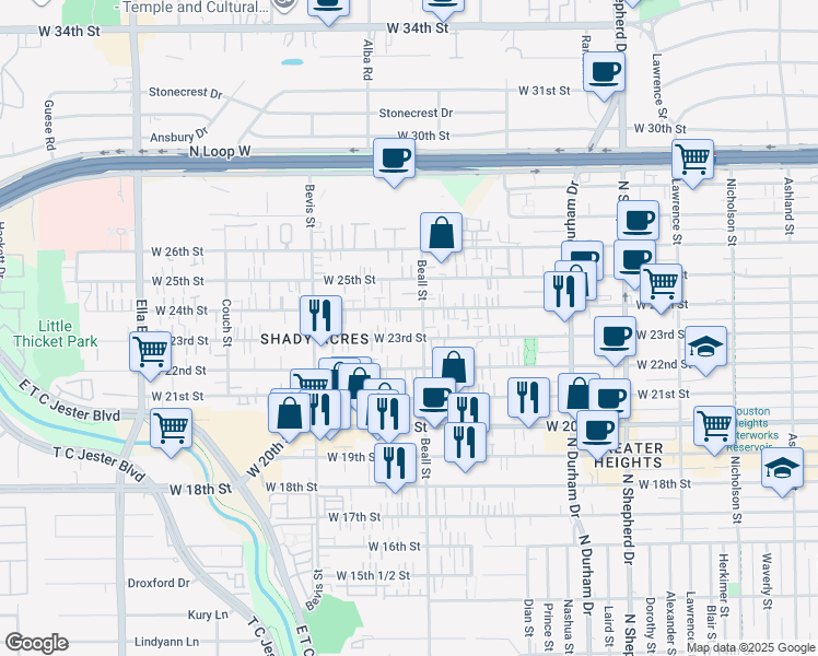 map of restaurants, bars, coffee shops, grocery stores, and more near 1046A West 23rd Street in Houston