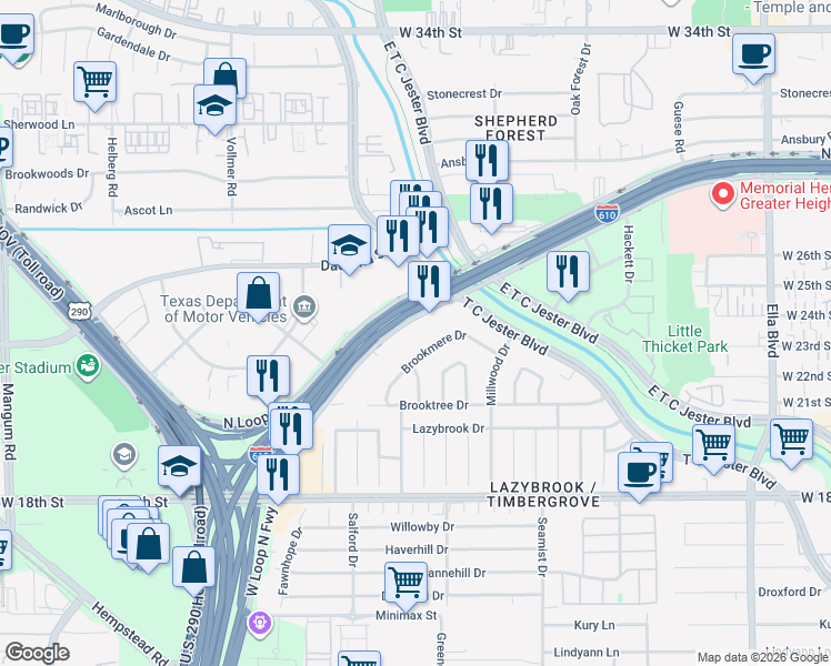 map of restaurants, bars, coffee shops, grocery stores, and more near 2425 Brookmere Drive in Houston