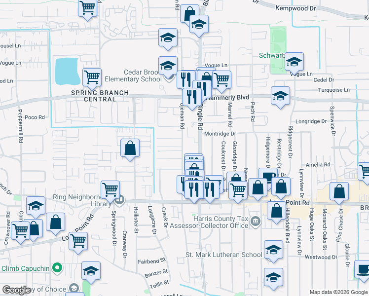 map of restaurants, bars, coffee shops, grocery stores, and more near 1914 Ojeman Road in Houston