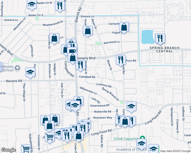 map of restaurants, bars, coffee shops, grocery stores, and more near 9419 Campbell Road in Houston
