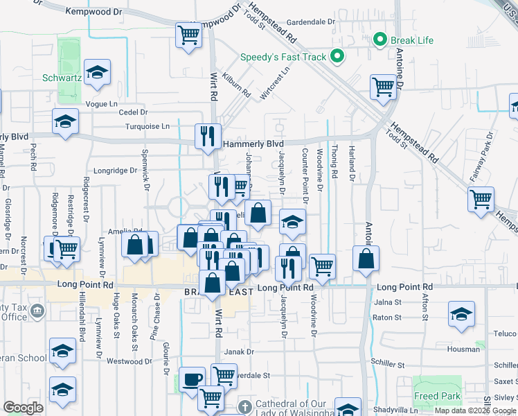 map of restaurants, bars, coffee shops, grocery stores, and more near 2002 Johanna Drive in Houston
