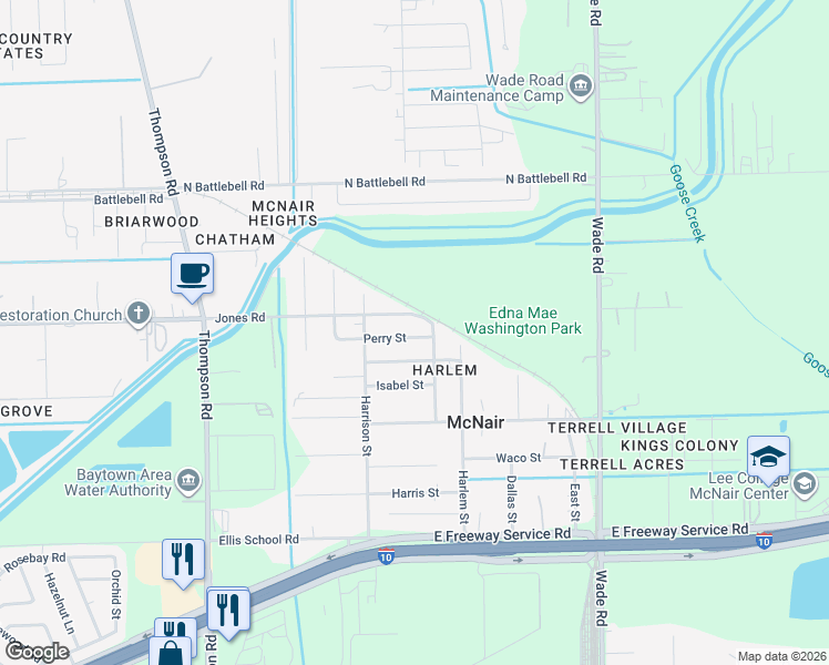 map of restaurants, bars, coffee shops, grocery stores, and more near 7607 Verdinell Road in Baytown