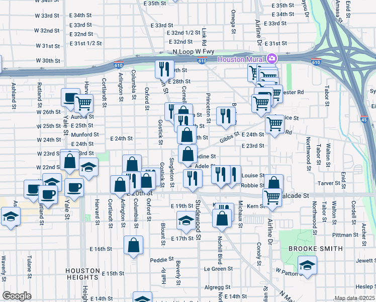 map of restaurants, bars, coffee shops, grocery stores, and more near 2124 Carter Street in Houston