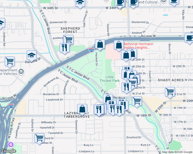 map of restaurants, bars, coffee shops, grocery stores, and more near 2424 East T C Jester Boulevard in Houston