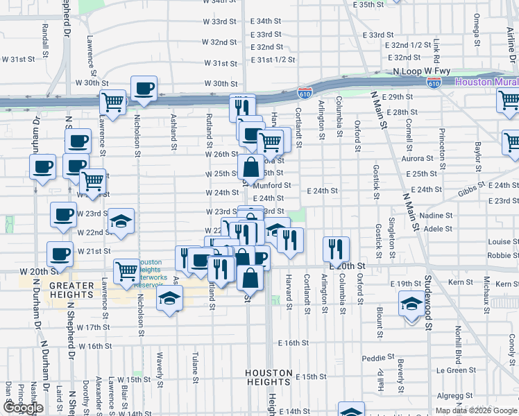 map of restaurants, bars, coffee shops, grocery stores, and more near 107 East 22nd Street in Houston