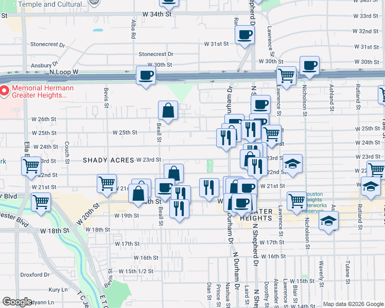map of restaurants, bars, coffee shops, grocery stores, and more near 910 West 23rd Street in Houston
