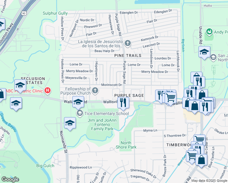 map of restaurants, bars, coffee shops, grocery stores, and more near 14355 Wallisville Road in Houston