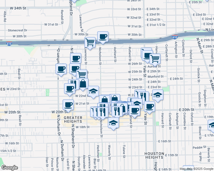 map of restaurants, bars, coffee shops, grocery stores, and more near 418 West 23rd Street in Houston