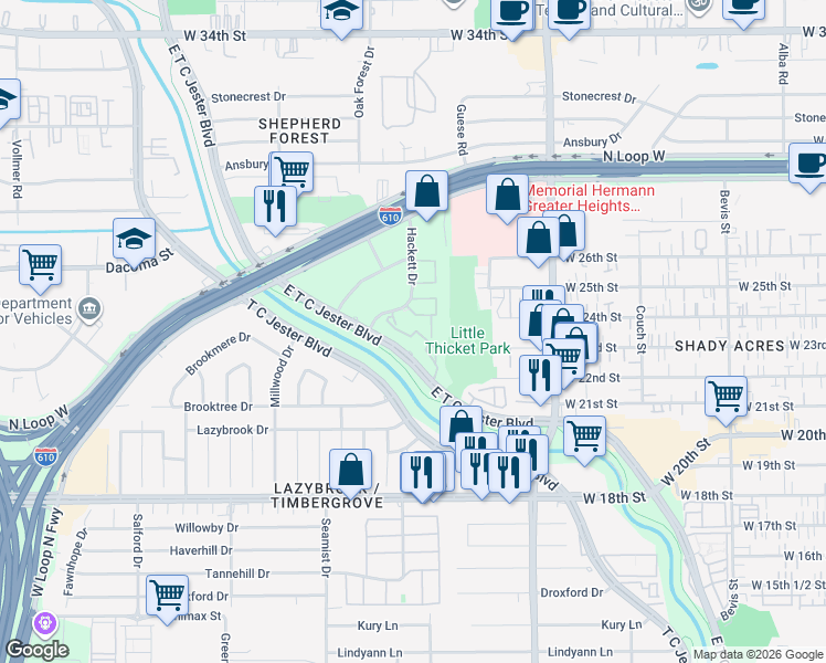 map of restaurants, bars, coffee shops, grocery stores, and more near 2424 East T C Jester Boulevard in Houston