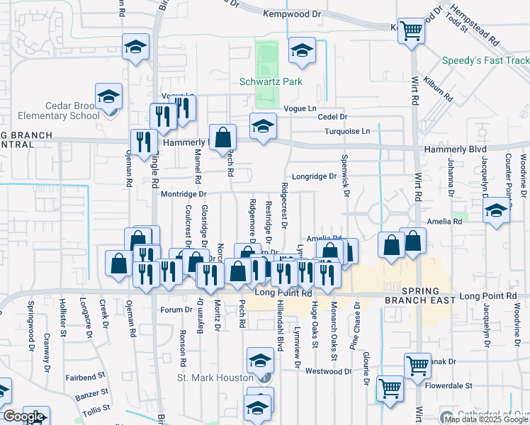 map of restaurants, bars, coffee shops, grocery stores, and more near 1930 Ridgemore Drive in Houston