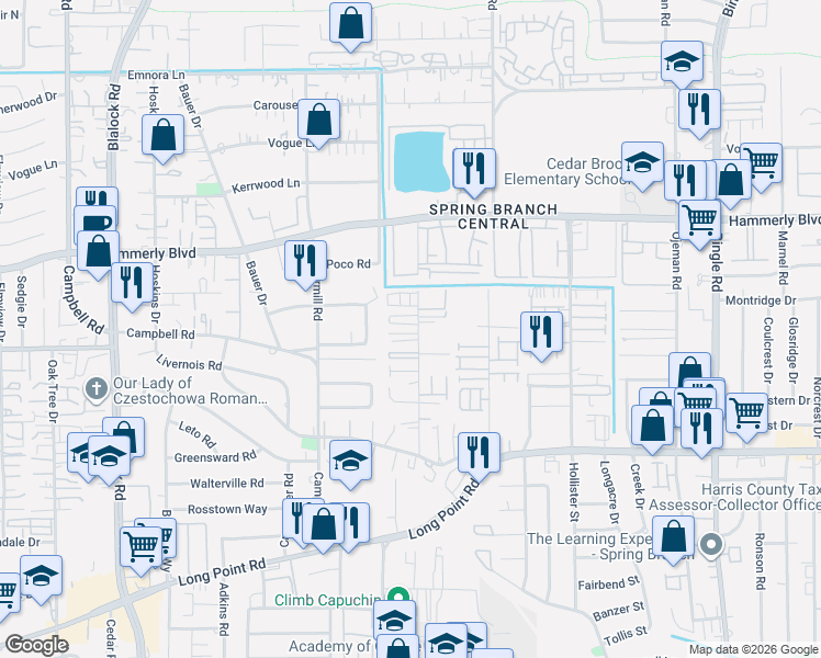 map of restaurants, bars, coffee shops, grocery stores, and more near 9002 Laverne Crescent in Houston