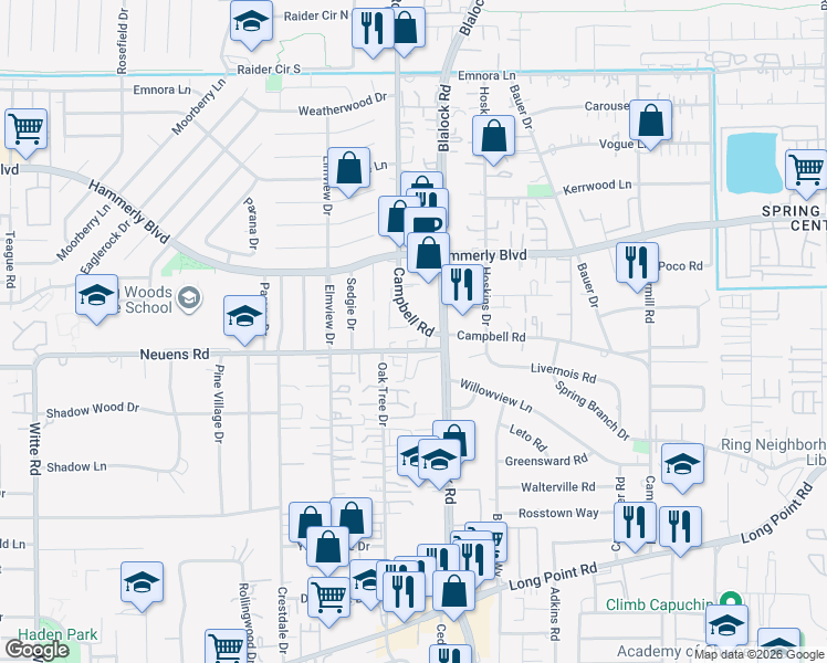 map of restaurants, bars, coffee shops, grocery stores, and more near 9438 Neuens Road in Houston