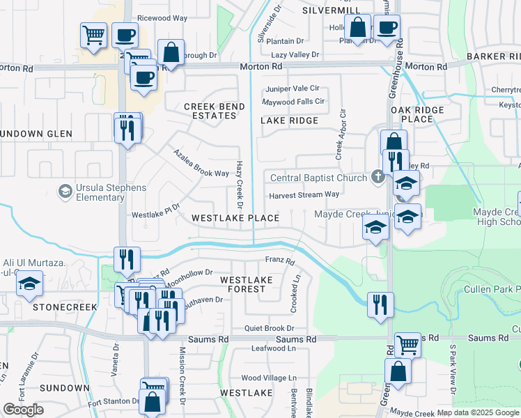 map of restaurants, bars, coffee shops, grocery stores, and more near 2607 Cypressvine Drive in Houston