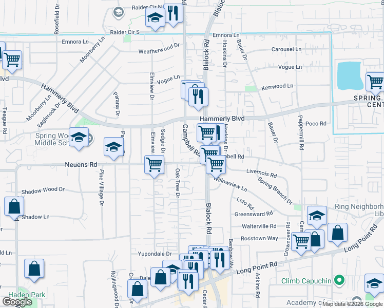 map of restaurants, bars, coffee shops, grocery stores, and more near 9438 Neuens Road in Houston