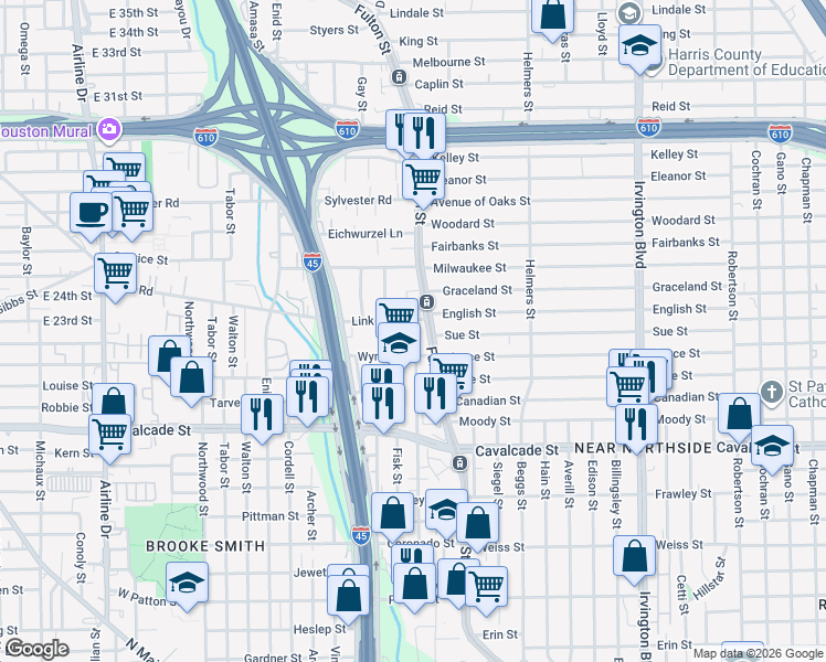 map of restaurants, bars, coffee shops, grocery stores, and more near 116 Wynne Street in Houston