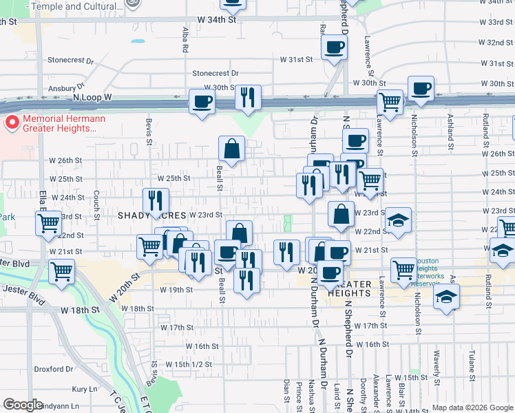map of restaurants, bars, coffee shops, grocery stores, and more near 1010 West 23rd Street in Houston