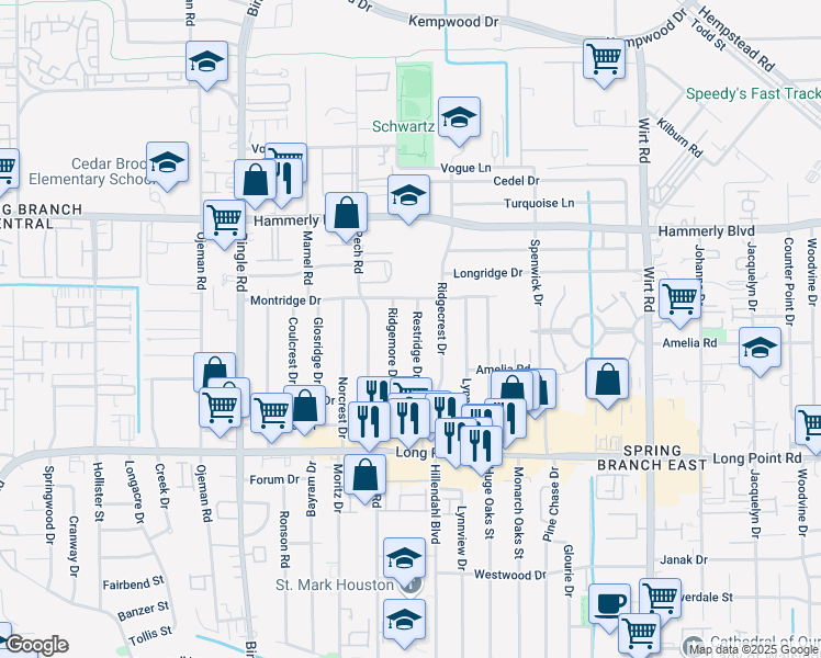 map of restaurants, bars, coffee shops, grocery stores, and more near 1930 Ridgemore Drive in Houston