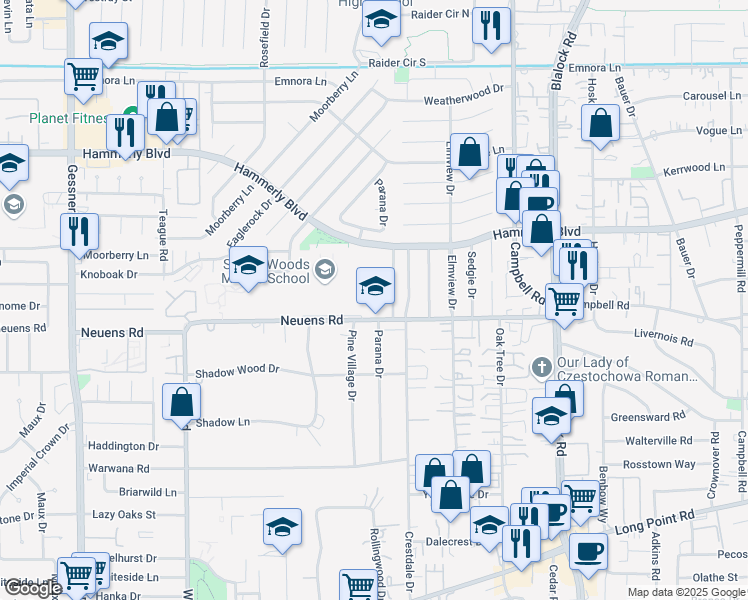 map of restaurants, bars, coffee shops, grocery stores, and more near 9810 Neuens Road in Houston