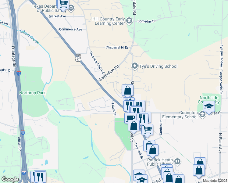 map of restaurants, bars, coffee shops, grocery stores, and more near 1 Shooting Club Road South in Boerne