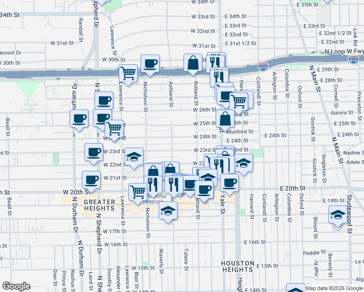 map of restaurants, bars, coffee shops, grocery stores, and more near 330 West 24th Street in Houston
