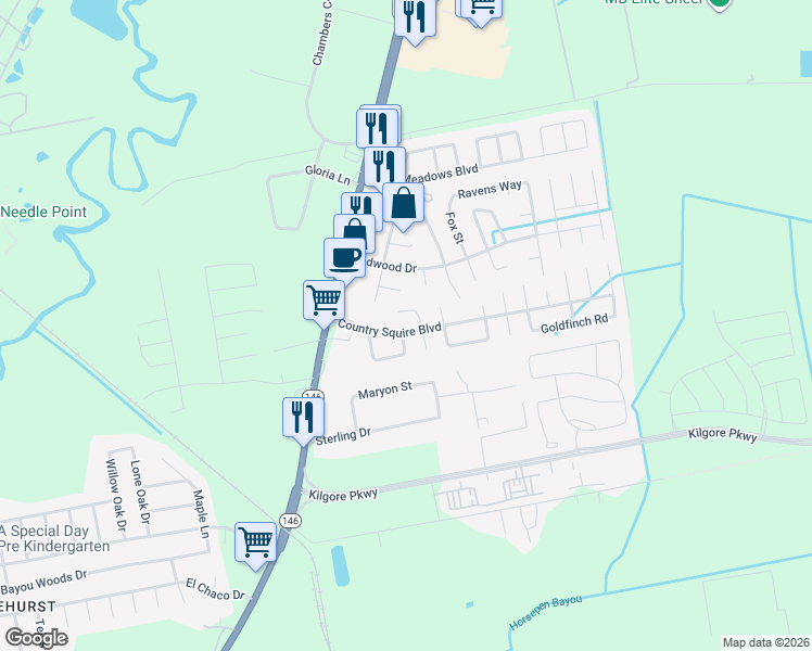 map of restaurants, bars, coffee shops, grocery stores, and more near 7942 Brookfield Street in Baytown
