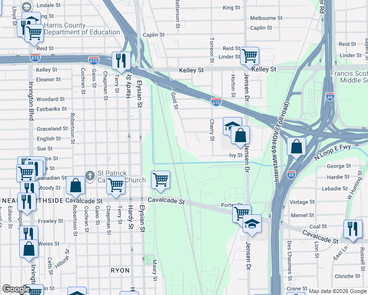 map of restaurants, bars, coffee shops, grocery stores, and more near 5115 Gold Street in Houston