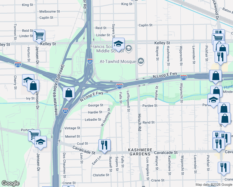 map of restaurants, bars, coffee shops, grocery stores, and more near 5028 Falls Street in Houston