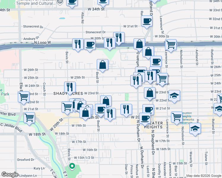 map of restaurants, bars, coffee shops, grocery stores, and more near 1007 West 24th Street in Houston