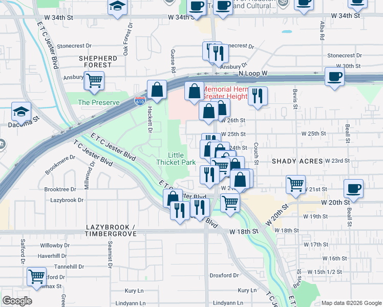 map of restaurants, bars, coffee shops, grocery stores, and more near 1827 West 24th Street in Houston