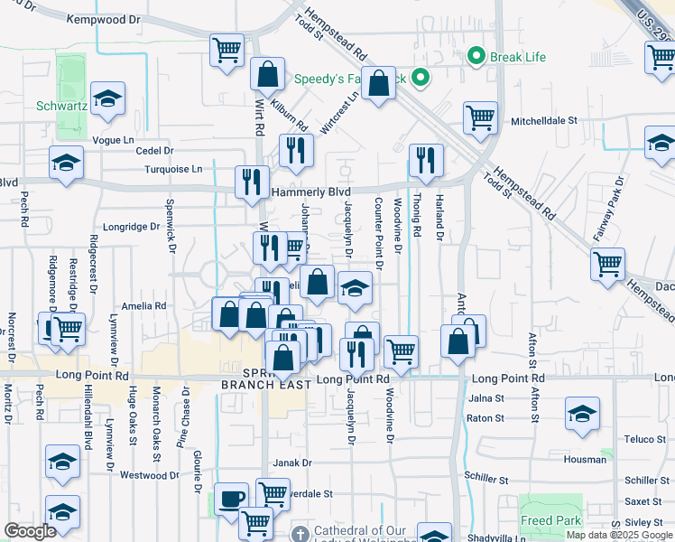 map of restaurants, bars, coffee shops, grocery stores, and more near 7704 Nasser Lane in Houston