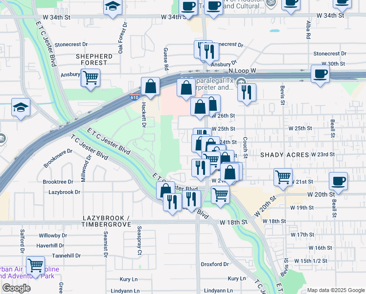 map of restaurants, bars, coffee shops, grocery stores, and more near 1922 West 24th Street in Houston