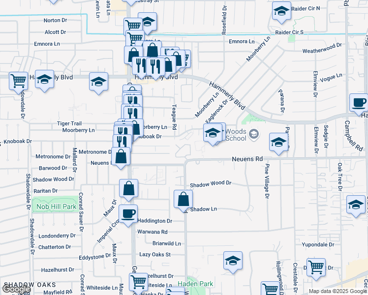 map of restaurants, bars, coffee shops, grocery stores, and more near 10011 Knoboak Drive in Houston