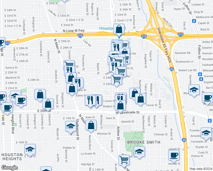 map of restaurants, bars, coffee shops, grocery stores, and more near 1130 East 23rd Street in Houston