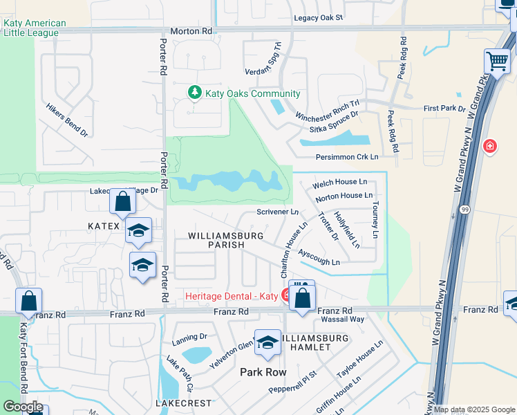 map of restaurants, bars, coffee shops, grocery stores, and more near 24106 Scrivener Lane in Katy