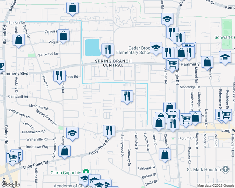 map of restaurants, bars, coffee shops, grocery stores, and more near 1938 Knoll Street in Houston