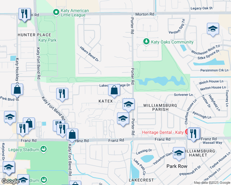 map of restaurants, bars, coffee shops, grocery stores, and more near 2410 Lakecrest Terrace Court in Katy