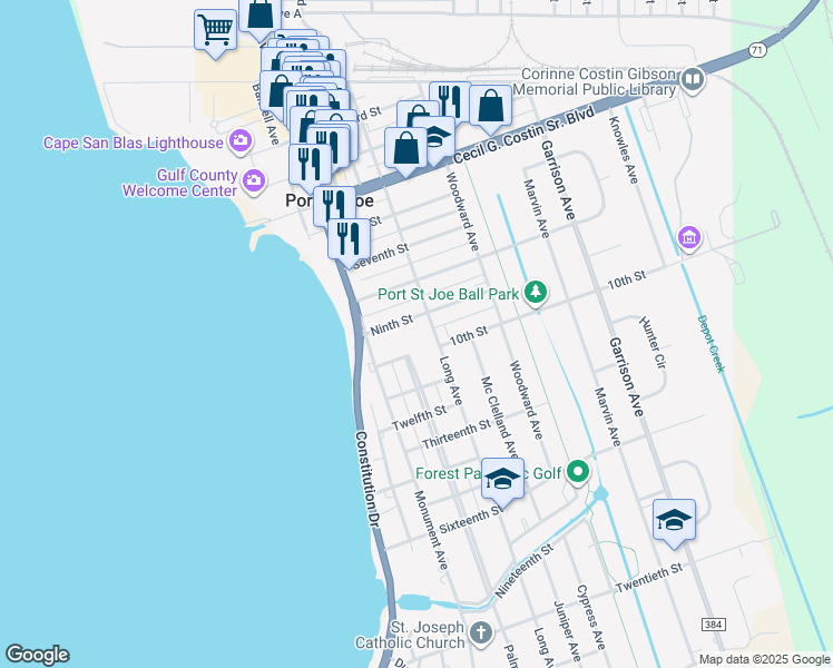 map of restaurants, bars, coffee shops, grocery stores, and more near 502 Ninth Street in Port St. Joe
