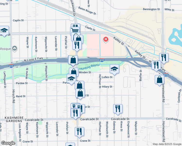 map of restaurants, bars, coffee shops, grocery stores, and more near 5509 Minden Street in Houston