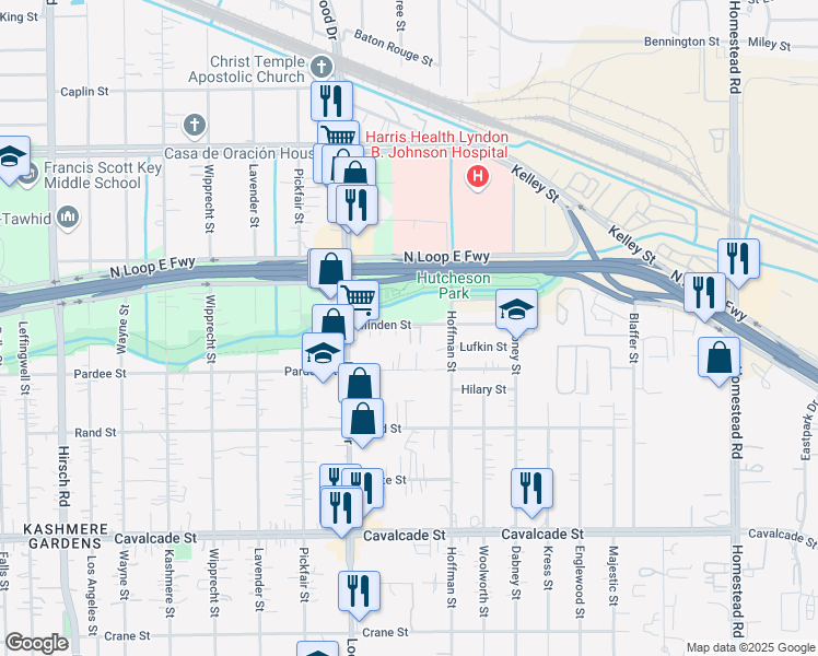 map of restaurants, bars, coffee shops, grocery stores, and more near 5509 Minden Street in Houston