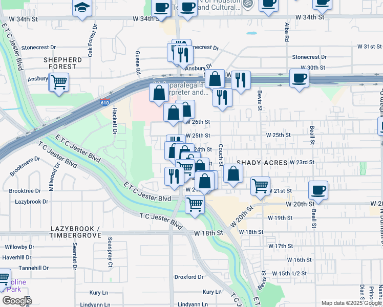 map of restaurants, bars, coffee shops, grocery stores, and more near 1619 West 24th Street in Houston