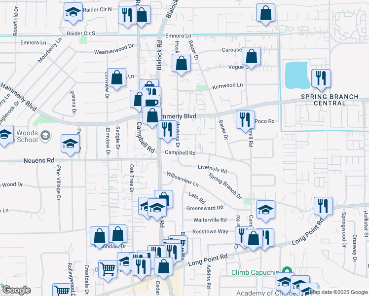 map of restaurants, bars, coffee shops, grocery stores, and more near 9417 Montridge Drive in Houston