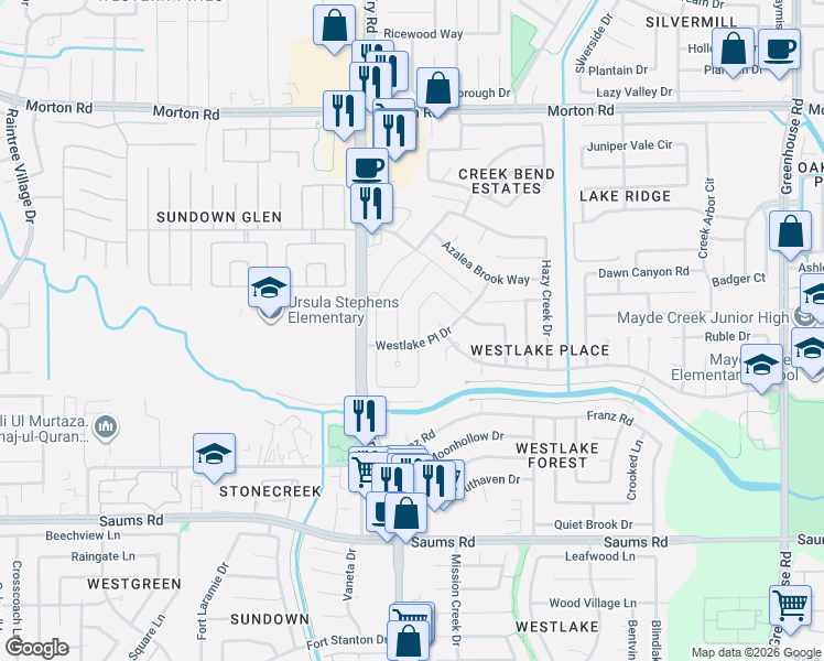 map of restaurants, bars, coffee shops, grocery stores, and more near 2722 Amaranth Drive in Houston