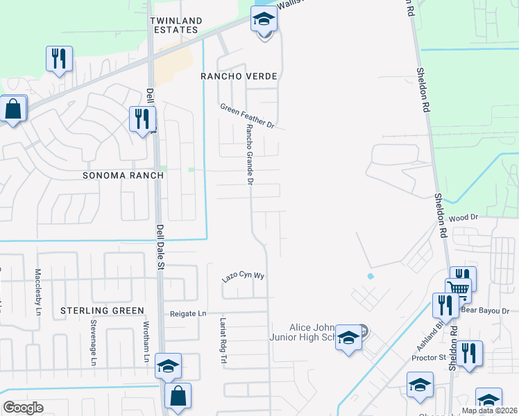 map of restaurants, bars, coffee shops, grocery stores, and more near 16515 Peyton Ridge Circle in Houston