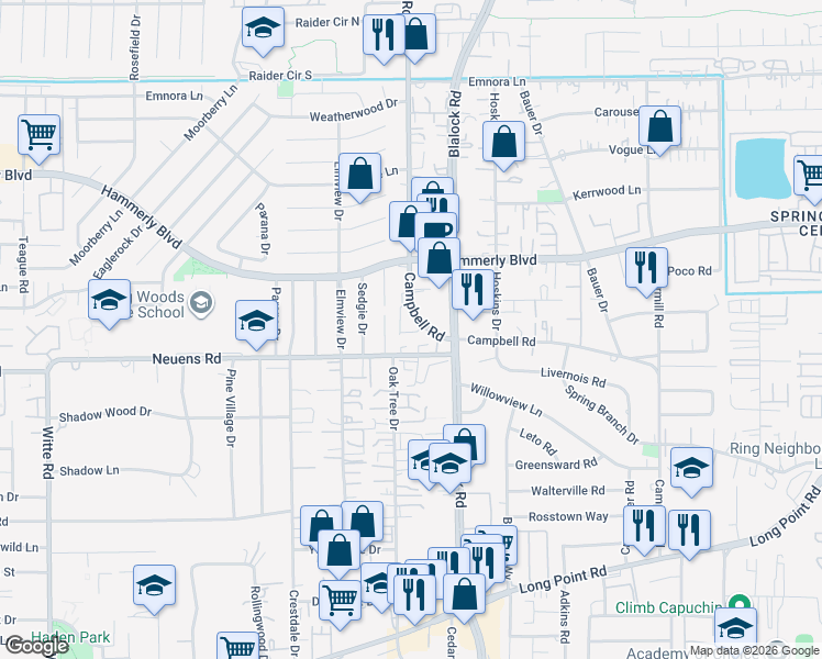 map of restaurants, bars, coffee shops, grocery stores, and more near 1973 Campbell Road in Houston