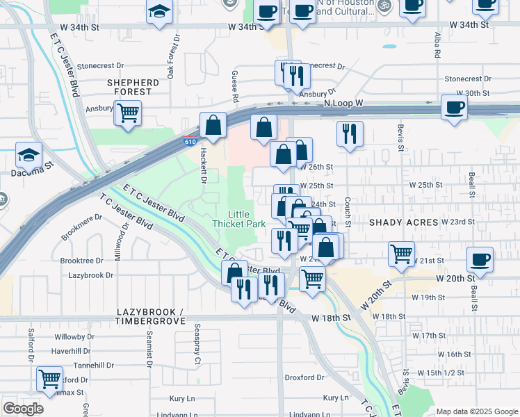 map of restaurants, bars, coffee shops, grocery stores, and more near 1922 West 24th Street in Houston