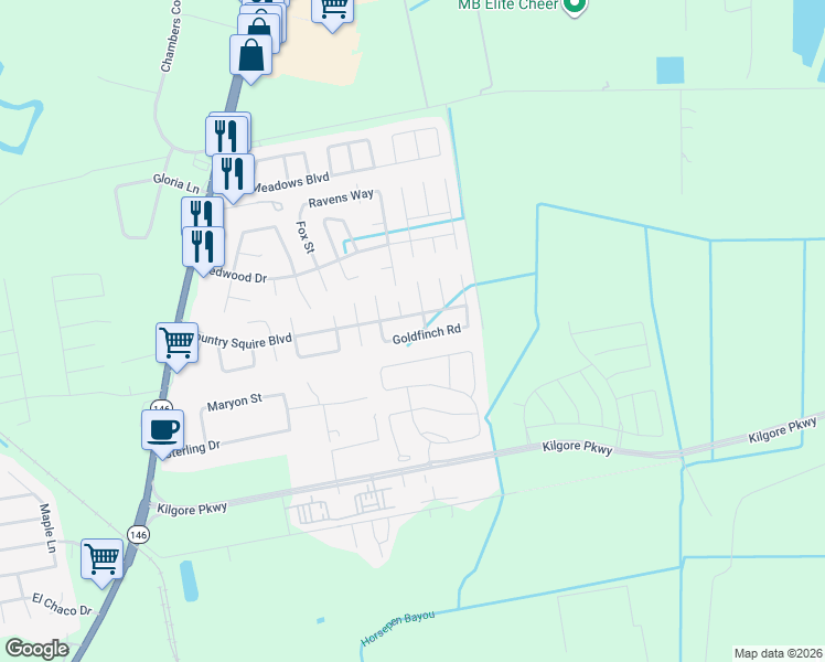 map of restaurants, bars, coffee shops, grocery stores, and more near 10635 Goldfinch Road in Baytown