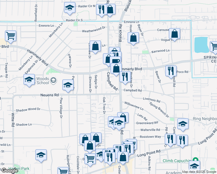 map of restaurants, bars, coffee shops, grocery stores, and more near 1973 Campbell Road in Houston