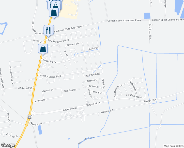 map of restaurants, bars, coffee shops, grocery stores, and more near 10643 Goldfinch Road in Baytown
