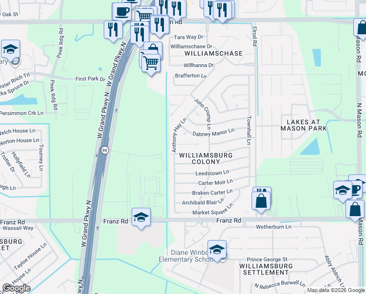 map of restaurants, bars, coffee shops, grocery stores, and more near 22830 Capitol Landing Lane in Katy