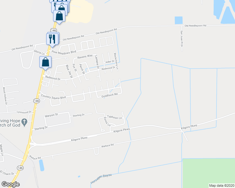 map of restaurants, bars, coffee shops, grocery stores, and more near 10806 Goldfinch Road in Baytown